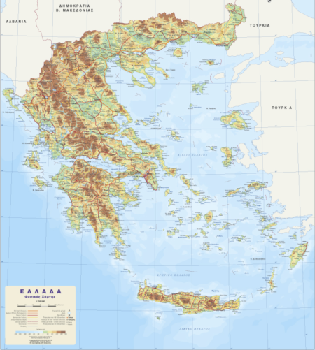 Greece Physical and Political Wall Map (in Greek) 100x130cm